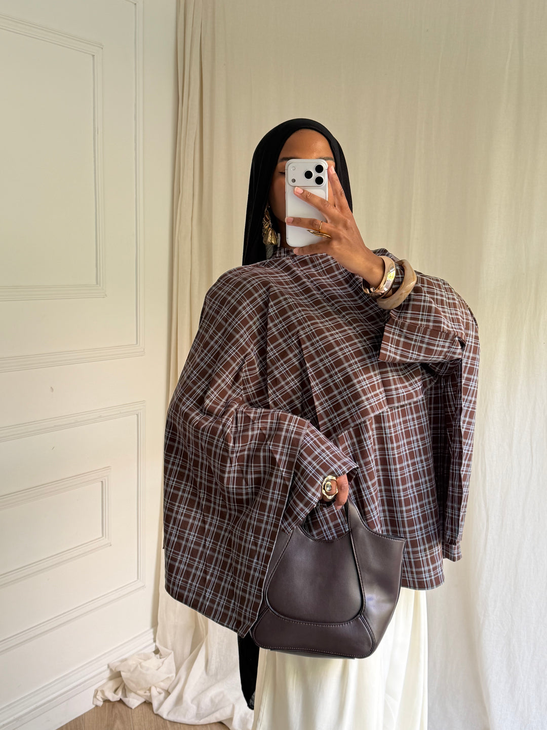BLOUSE CARREAUX AVEC CAPE COFFEE BLUE