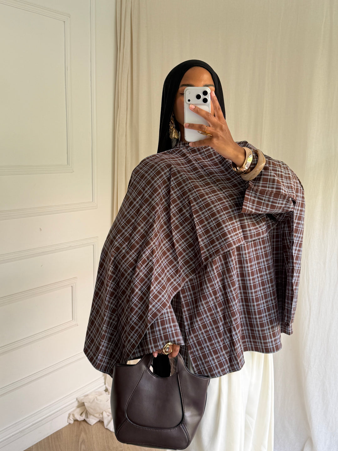 BLOUSE CARREAUX AVEC CAPE COFFEE BLUE