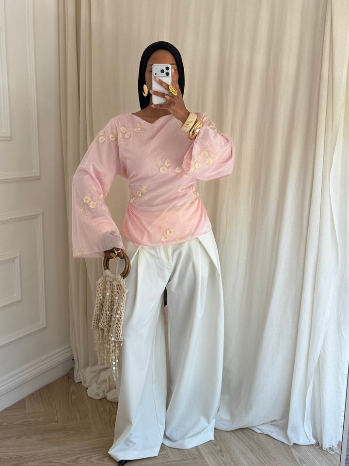 BLOUSE COURTE À FLEURS ROSE