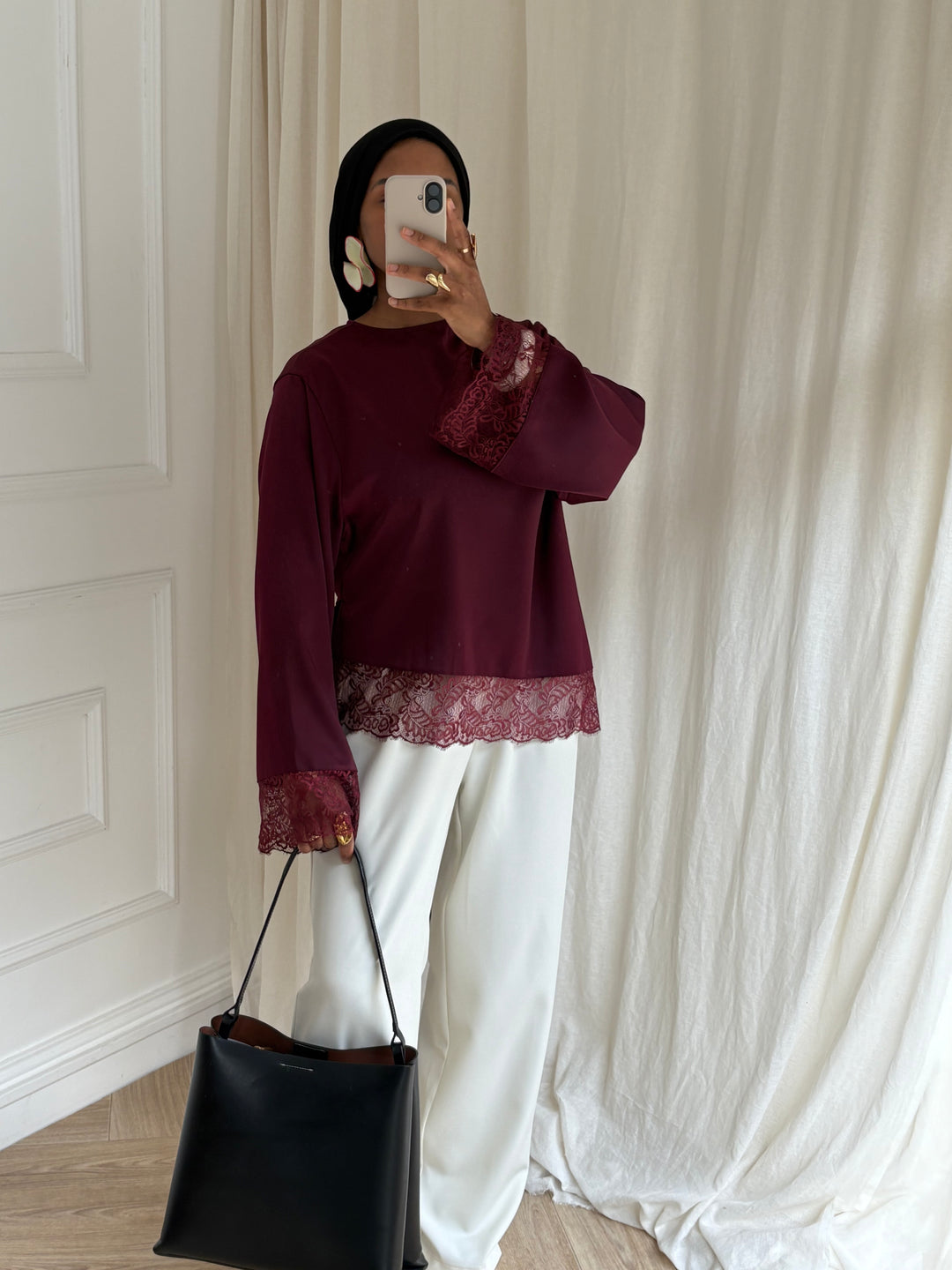 BLOUSE SATINÉE DENTELLE BORDEAUX