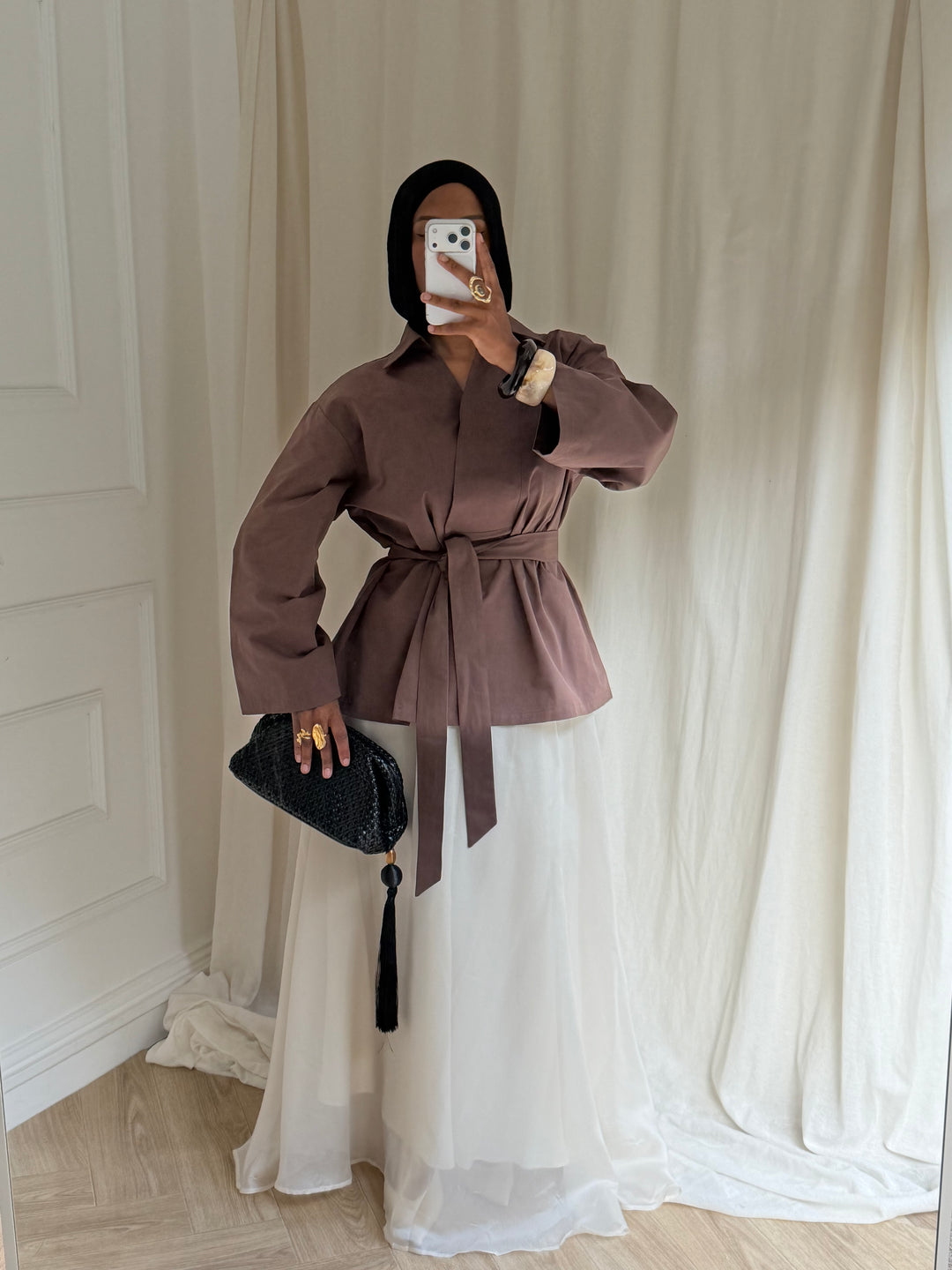 TOP OVERSIZE A CEINTURE COTON MARRON