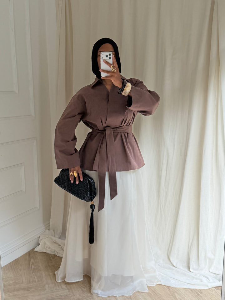 TOP OVERSIZE A CEINTURE COTON MARRON