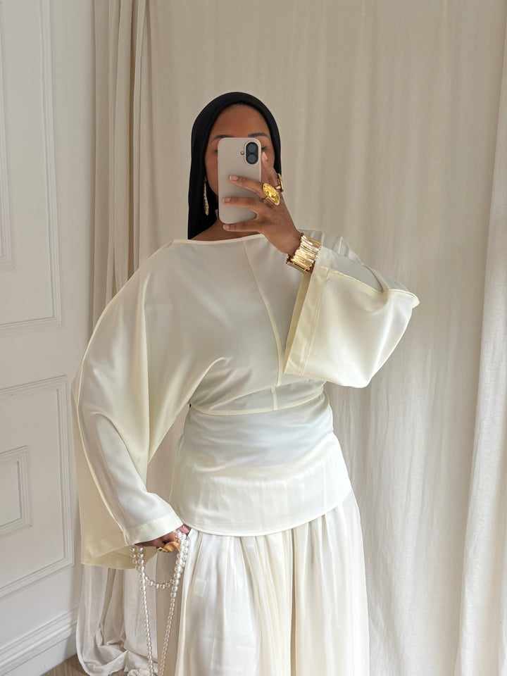 BLOUSE SATIN MANCHES ÉVASÉE ÉCRU