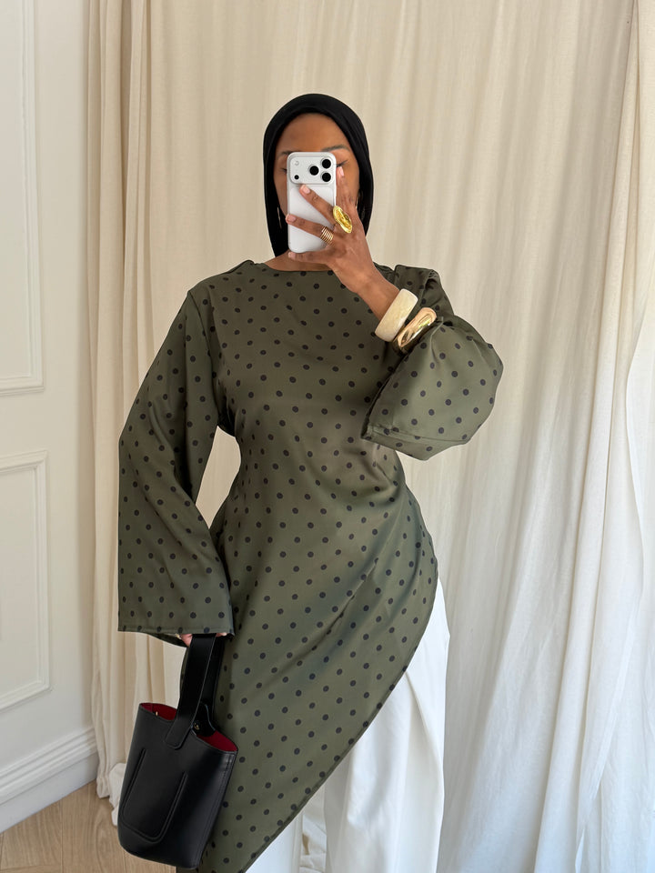BLOUSE LONGUE À POIS KAKI