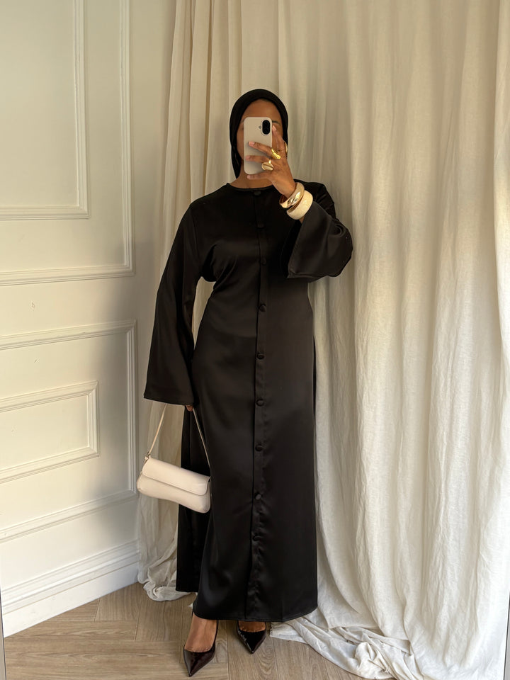 ROBE BOUTONS SATINÉ NOIRE