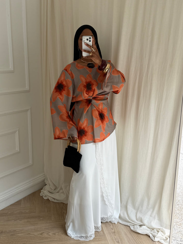 BLOUSE IMPRIMÉ SUMMER TAUPE ET ORANGE