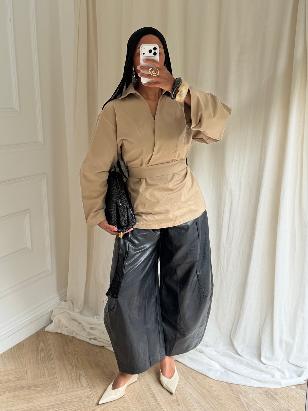 TOP OVERSIZE A CEINTURE COTON BEIGE SABLE