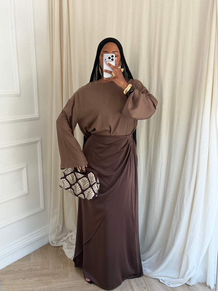 JUPE SATIN DRAPÉE MARRON