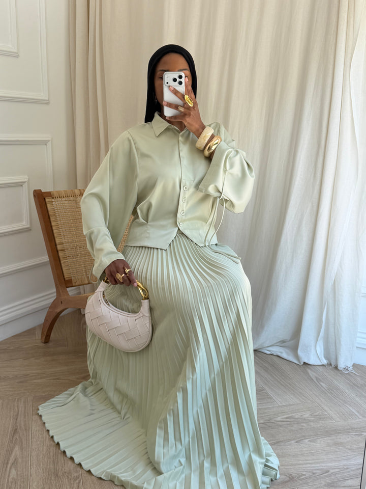 ENSEMBLE JUPE SATIN ET PLISSÉE VERT D’EAU