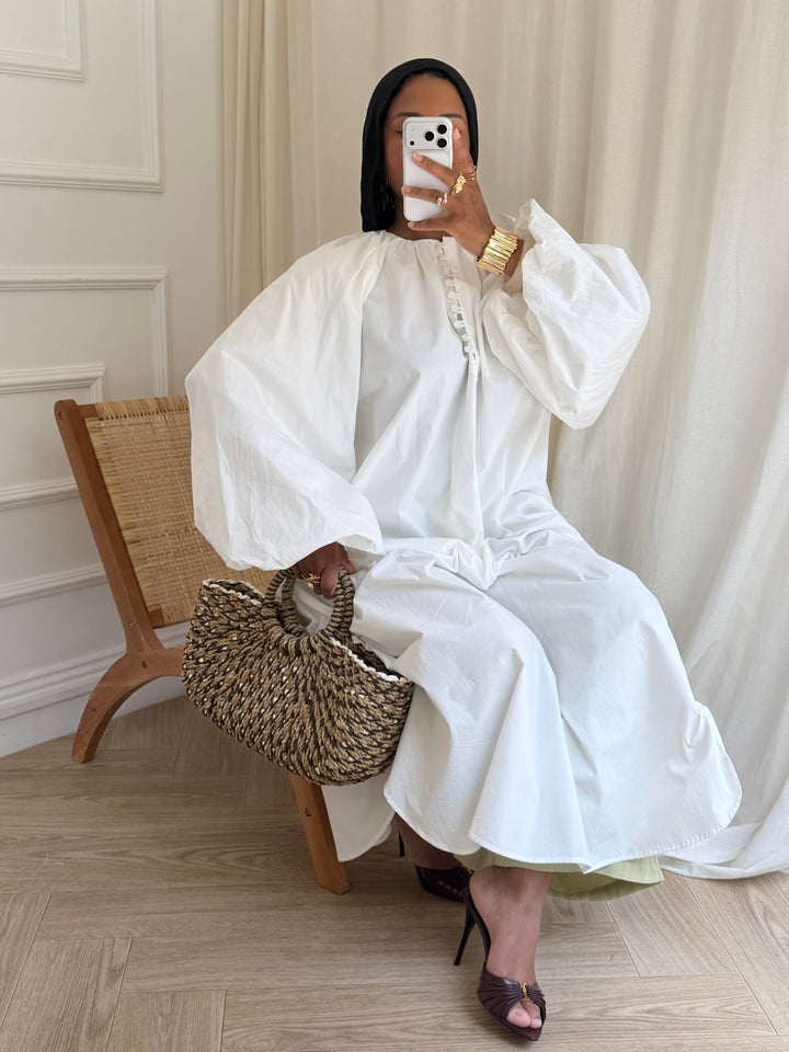 ROBE COTON FENTE MANCHES BOUFFANTES BLANC