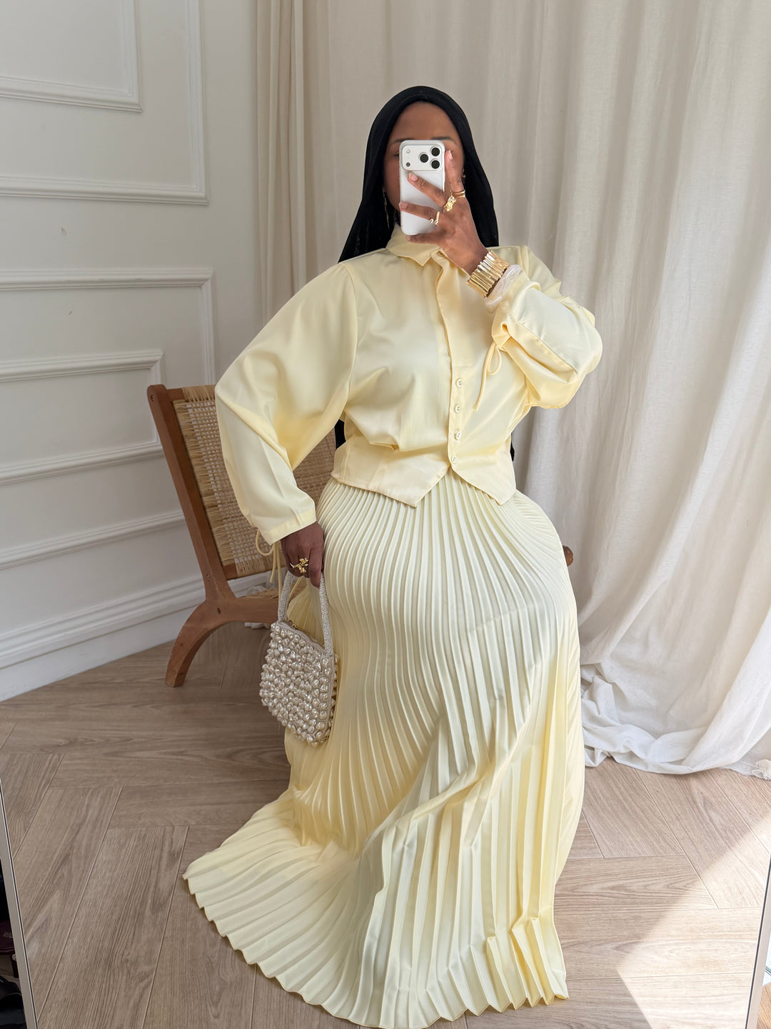 ENSEMBLE JUPE SATIN ET PLISSÉE JAUNE