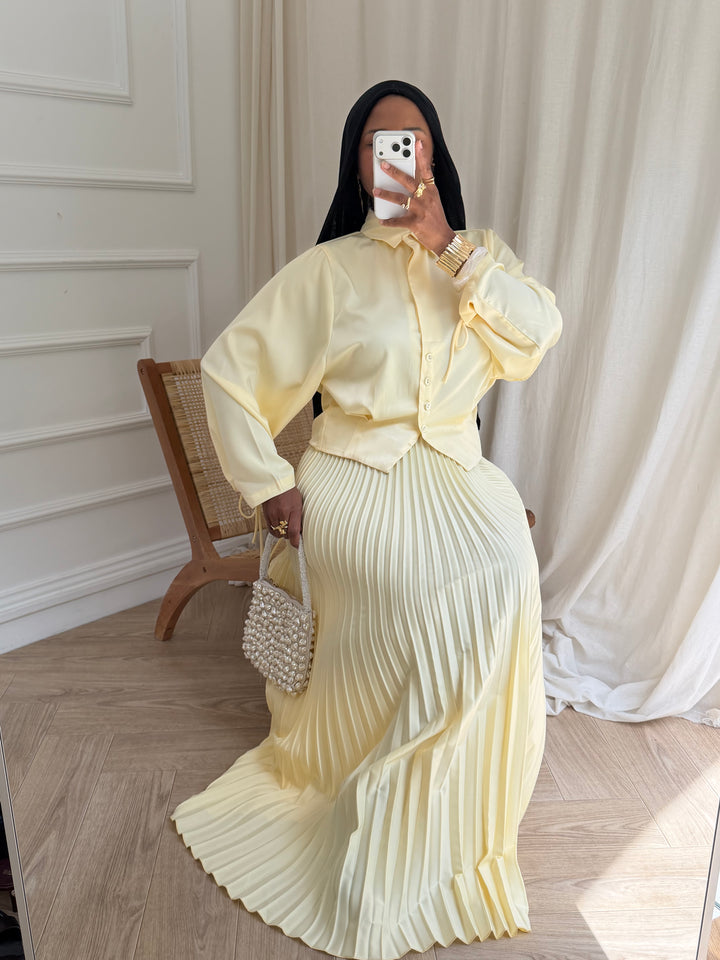 ENSEMBLE JUPE SATIN ET PLISSÉE JAUNE