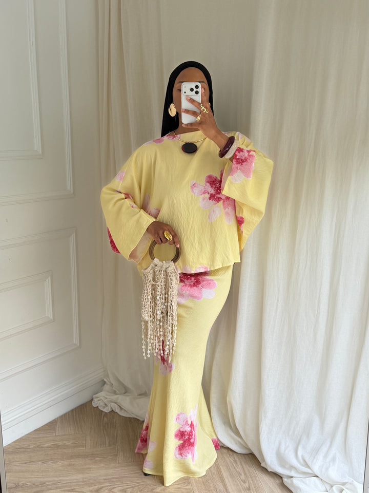 ENSEMBLE SUMMER JUPE FLEURS JAUNE ET ROSE