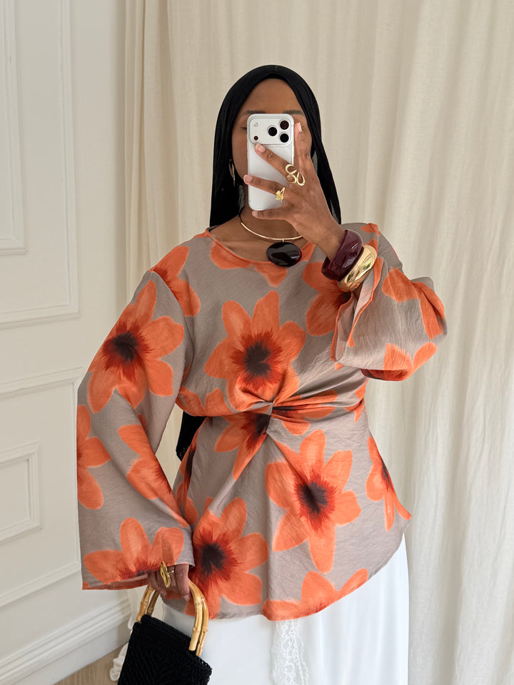 BLOUSE IMPRIMÉ SUMMER TAUPE ET ORANGE
