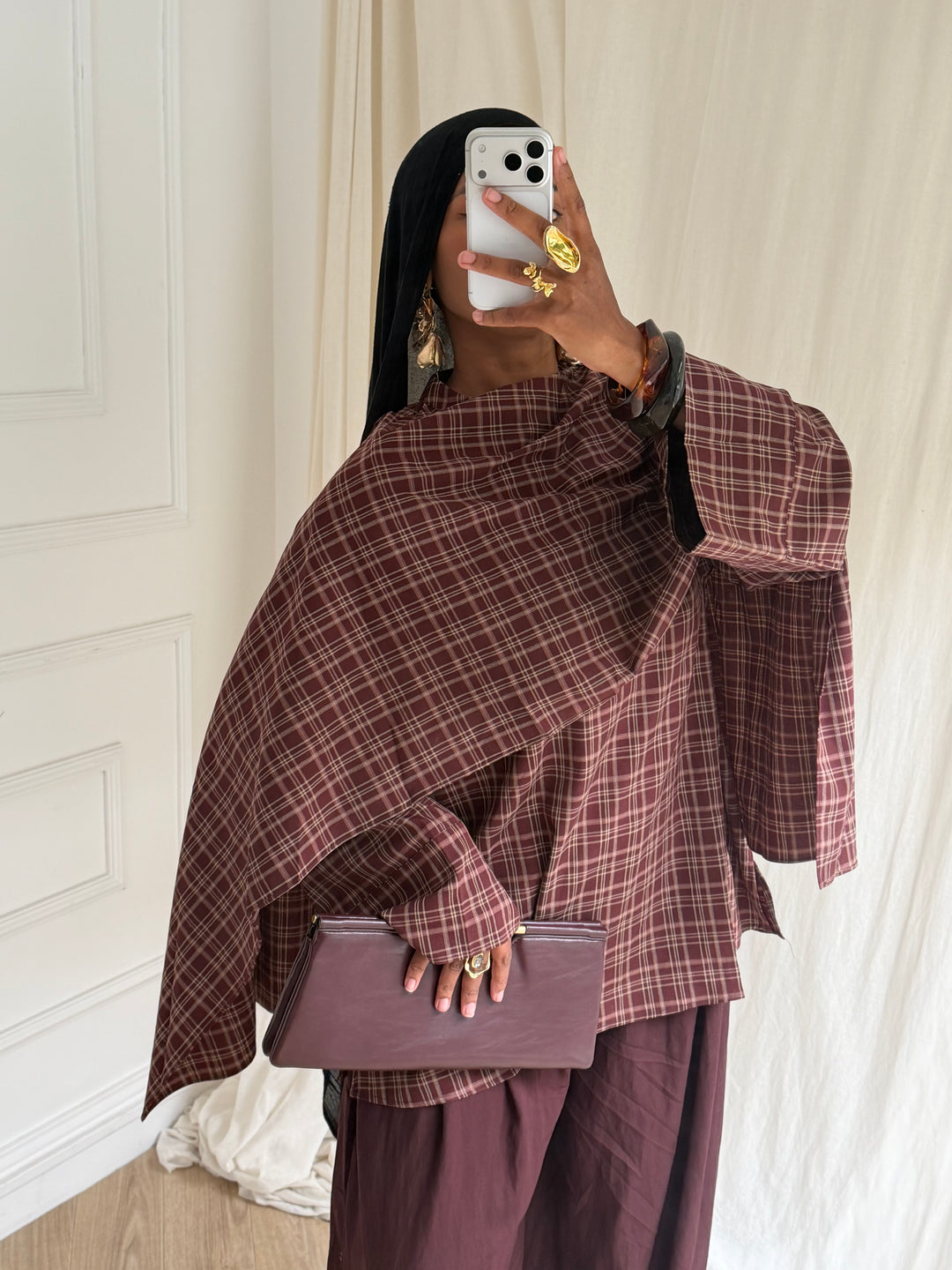 BLOUSE CARREAUX AVEC CAPE BORDEAUX