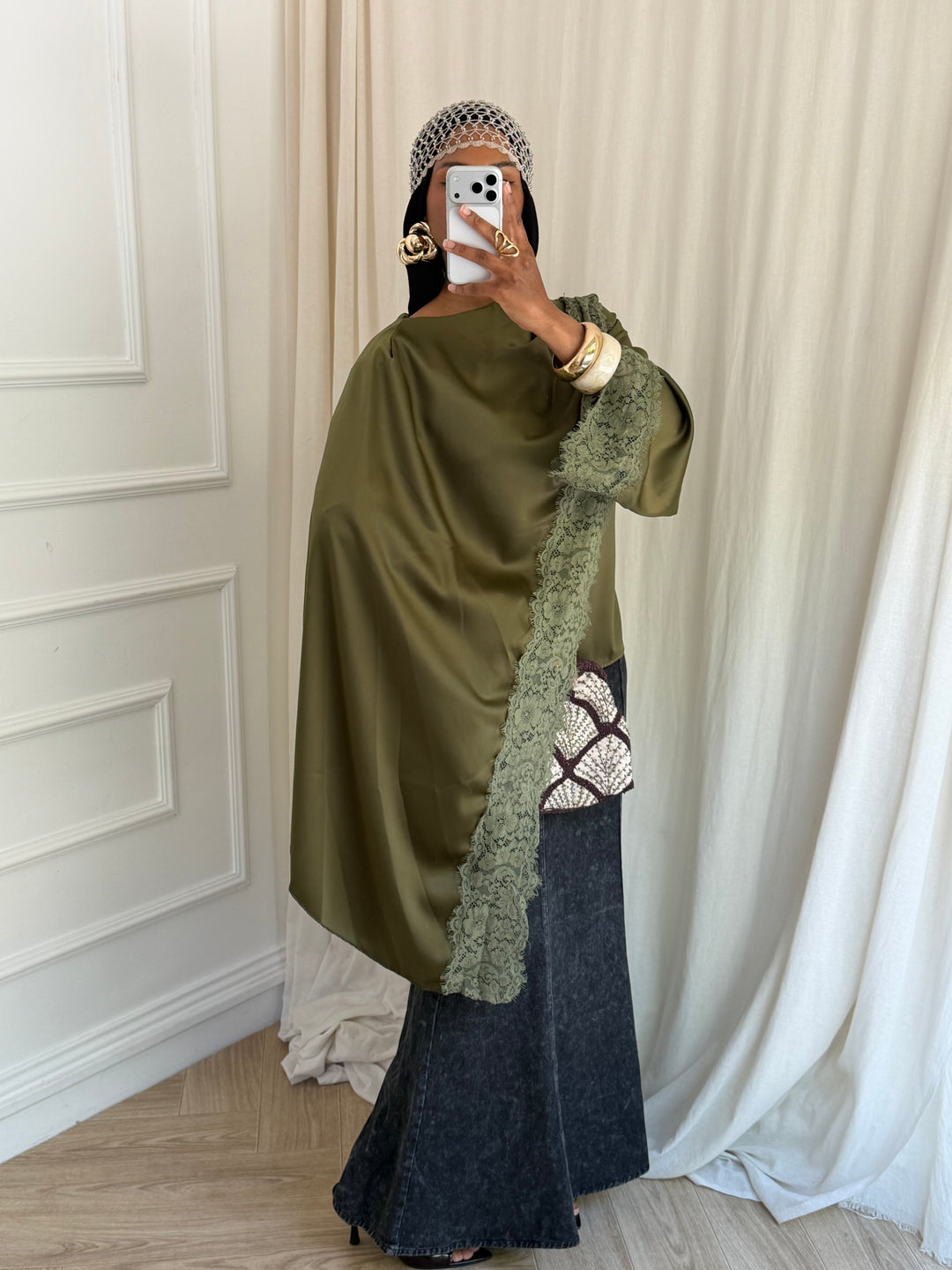 BLOUSE DENTELLE CAPE KAKI
