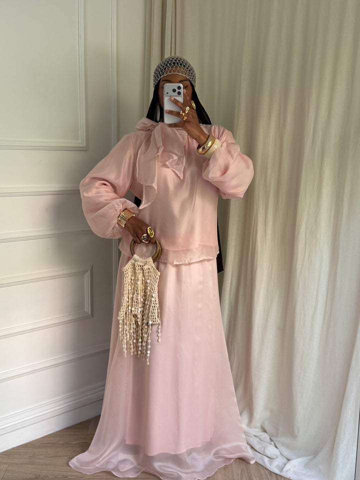 ENSEMBLE BLOUSE ET JUPE ORGANZA ROSE