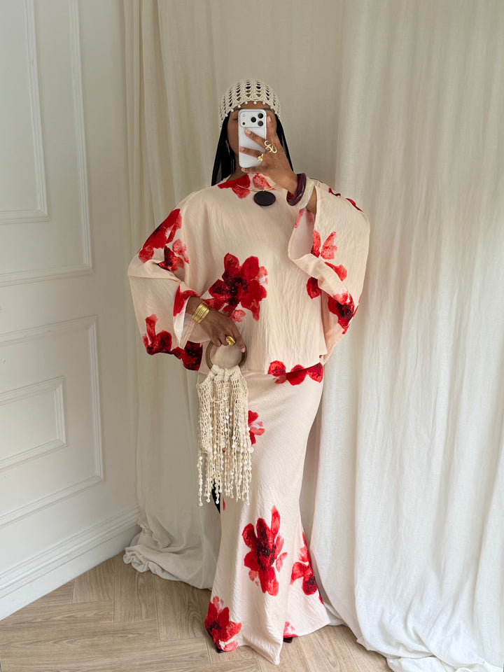 ENSEMBLE SUMMER JUPE FLEURS BEIGE ET ROUGE
