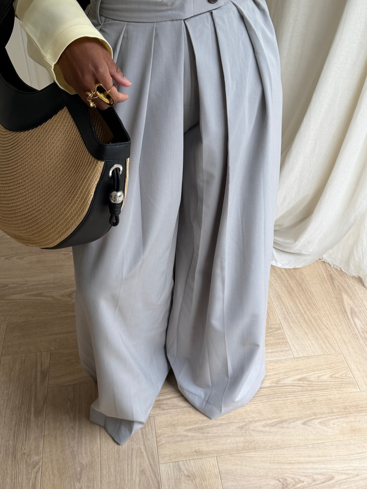 PANTALON PREMIUM LARGE ET PLISSÉ GRIS CLAIR