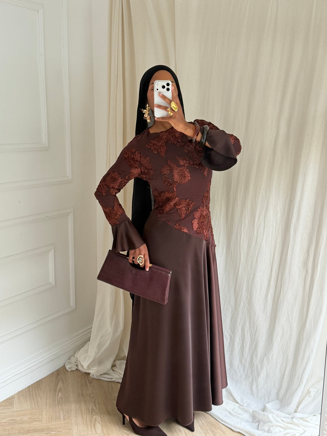 ROBE LONGUE FLEURS BRODÉ MARRON