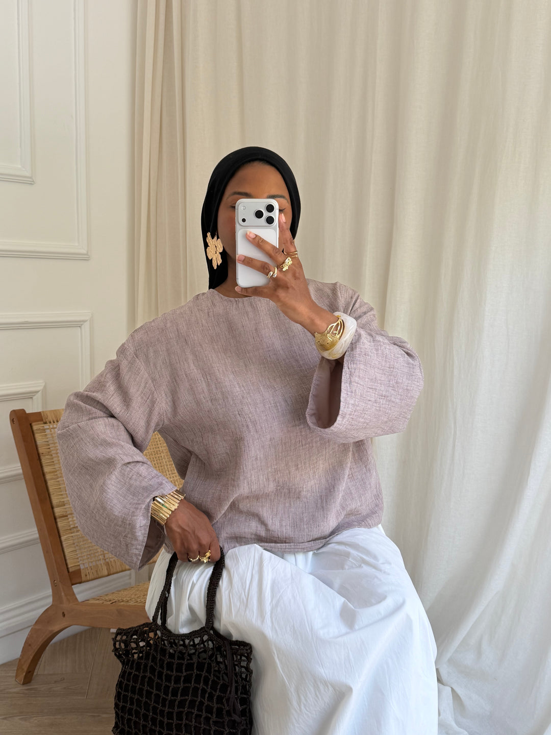 BLOUSE COURTE DOUBLÉE TOUCHÉ LIN TAUPE
