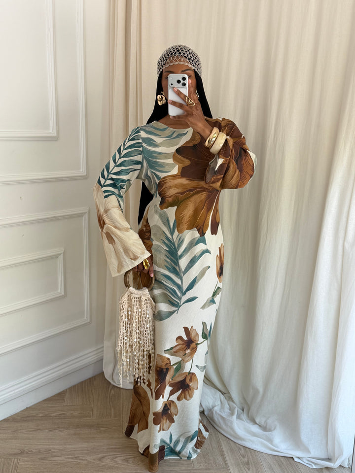 MAXI ROBE IMPRIMÉ SUMMER CAMEL ET VERT D’EAU