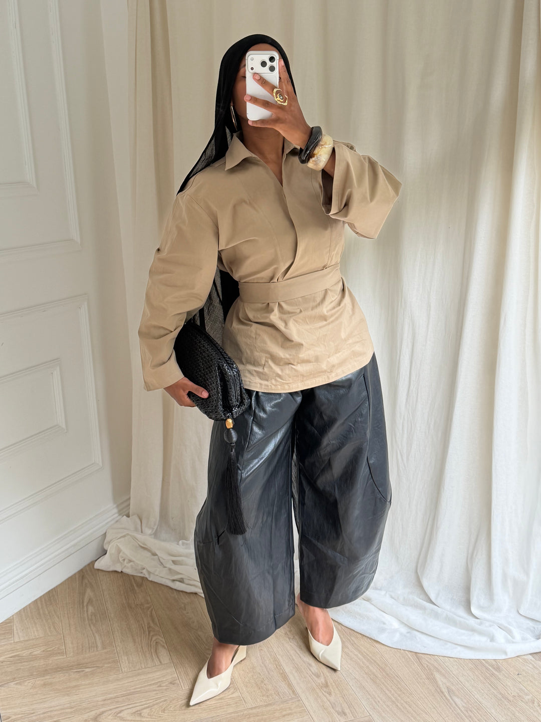 TOP OVERSIZE A CEINTURE COTON BEIGE SABLE