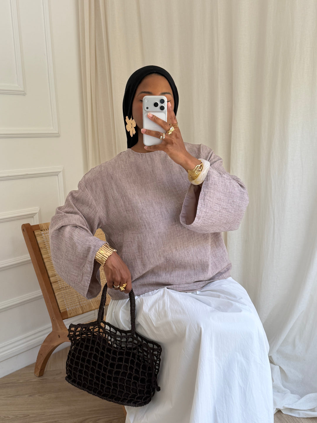 BLOUSE COURTE DOUBLÉE TOUCHÉ LIN TAUPE