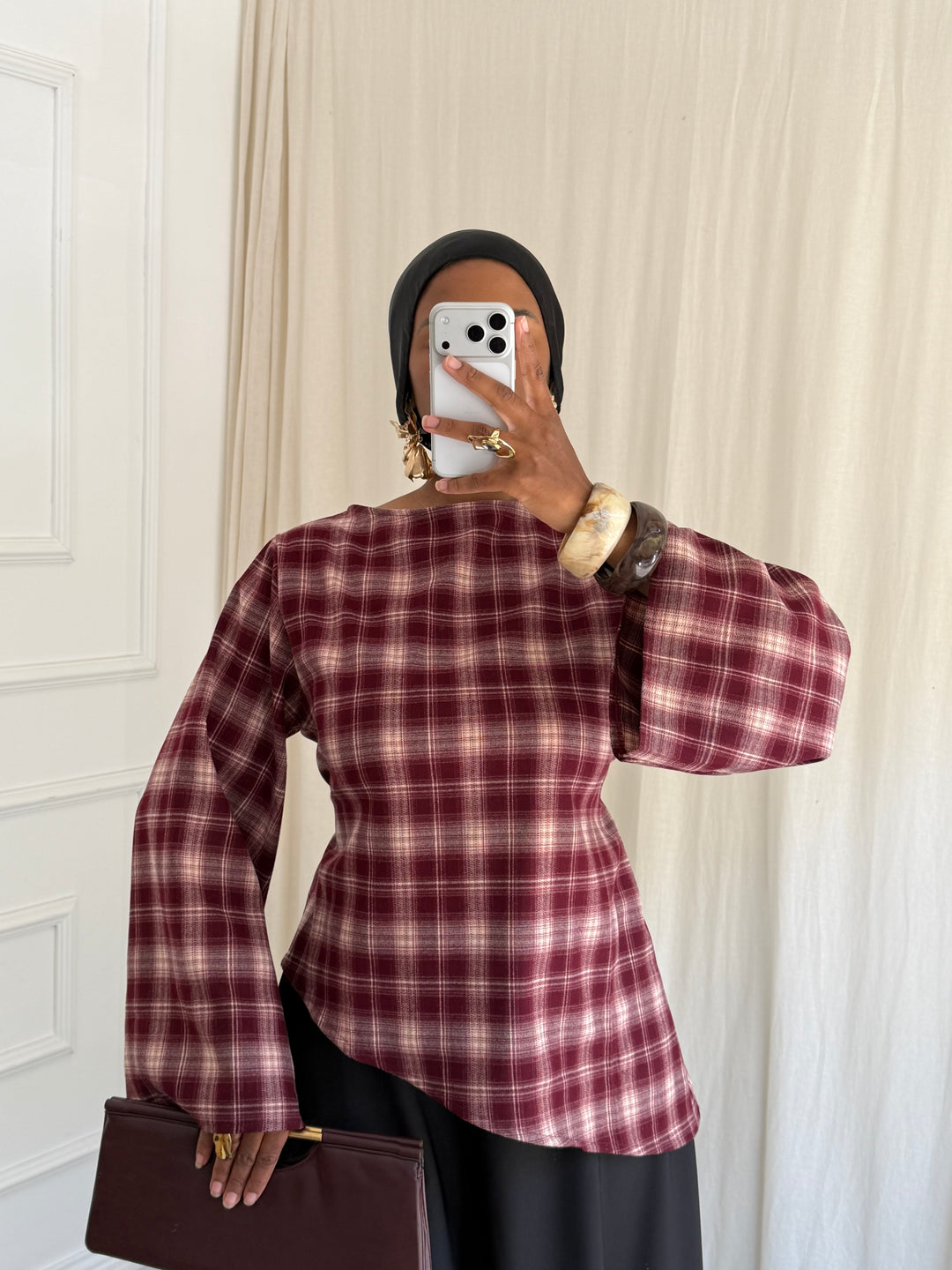 BLOUSE À CARREAU ASYMÉTRIQUE BORDEAUX
