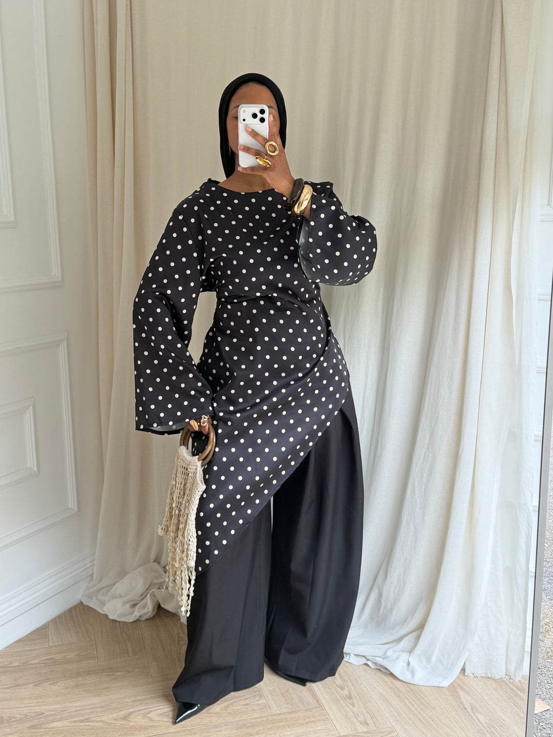 BLOUSE LONGUE À POIS NOIRE