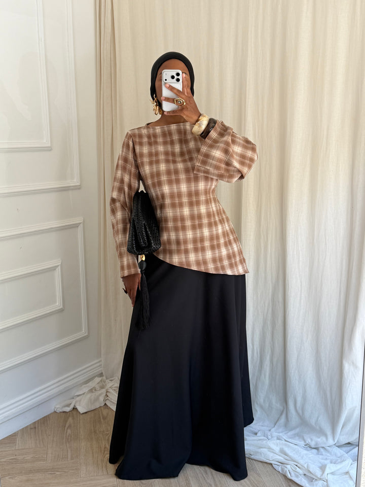 BLOUSE À CARREAU ASYMÉTRIQUE CAMEL