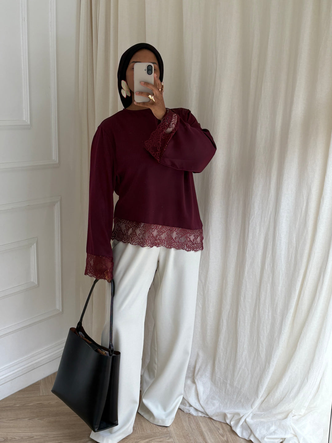 BLOUSE SATINÉE DENTELLE BORDEAUX