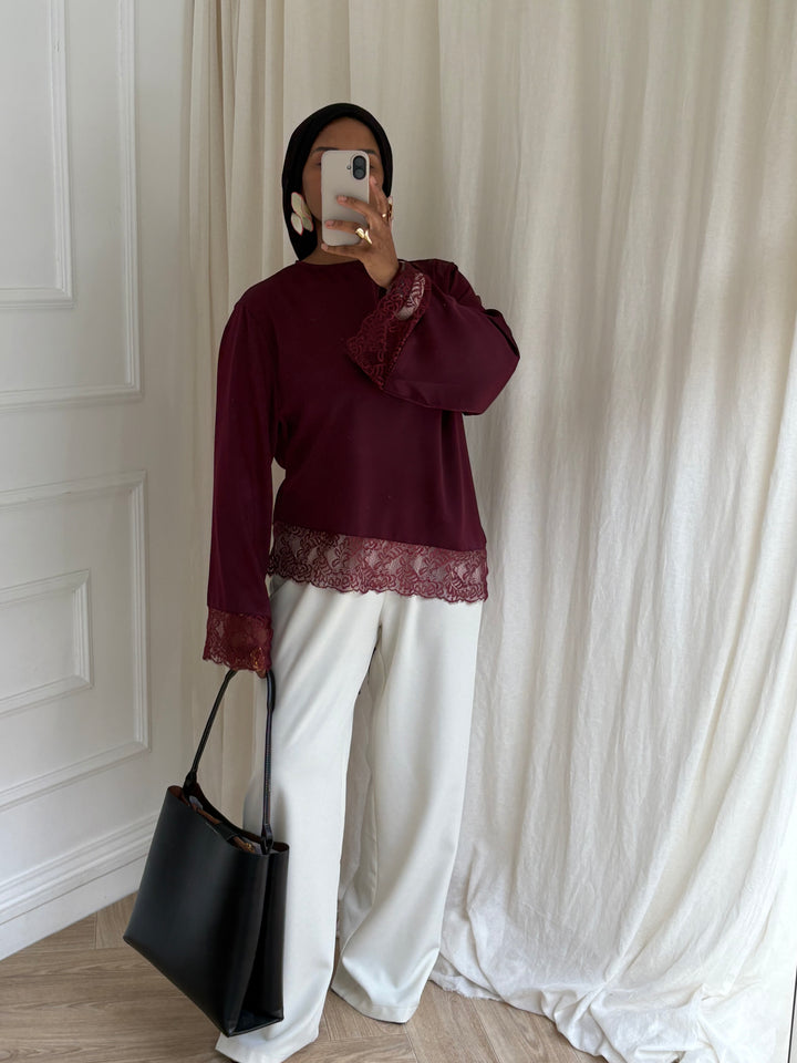 BLOUSE SATINÉE DENTELLE BORDEAUX