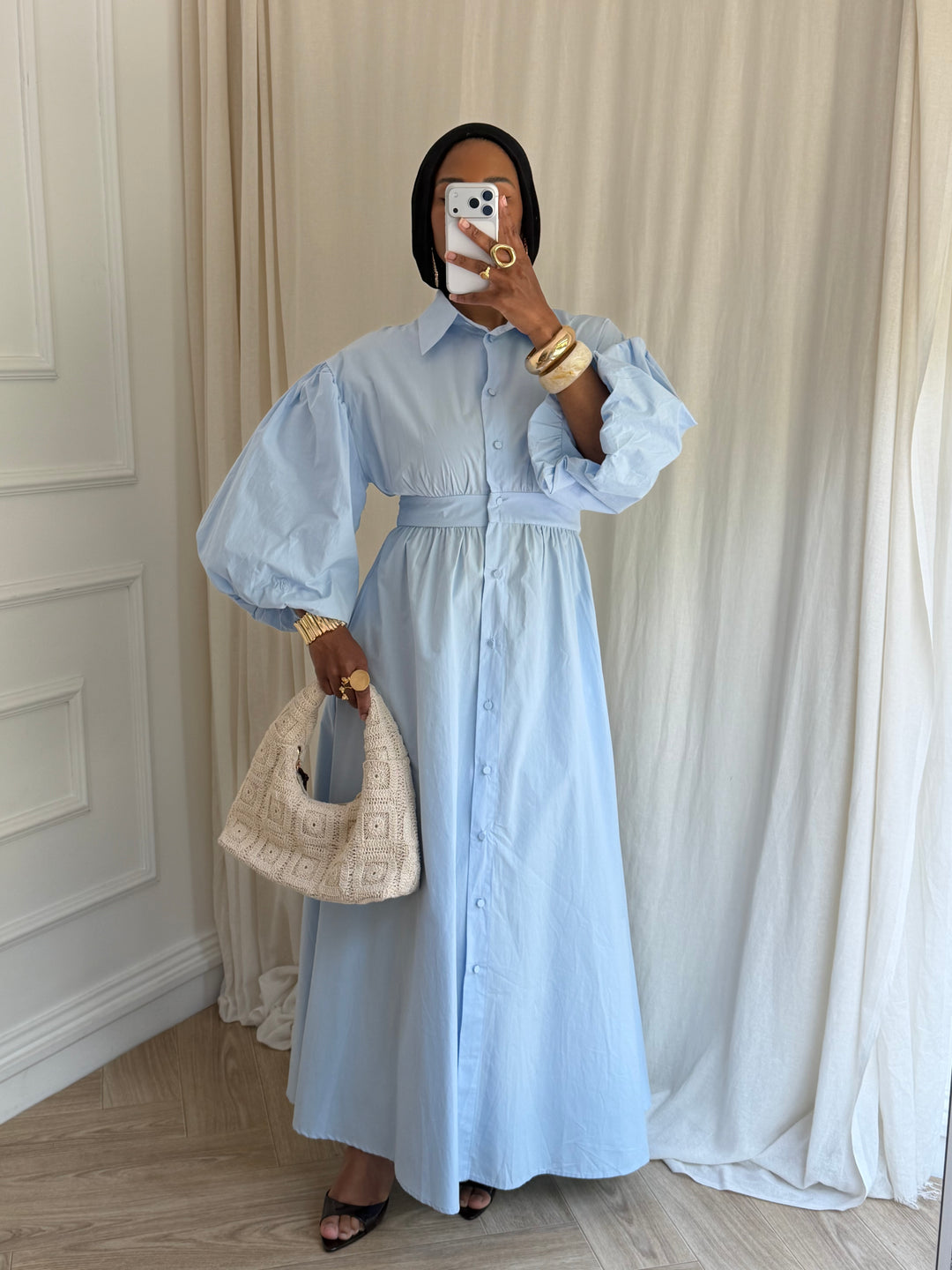ROBE MANCHE BALLON BLEU CIEL