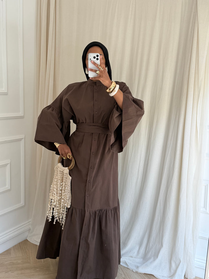 ROBE COTON À CEINTURE CHOCOLAT