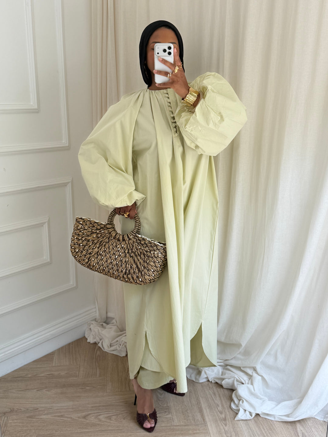 ROBE COTON FENTE MANCHES BOUFFANTES AVOCAT