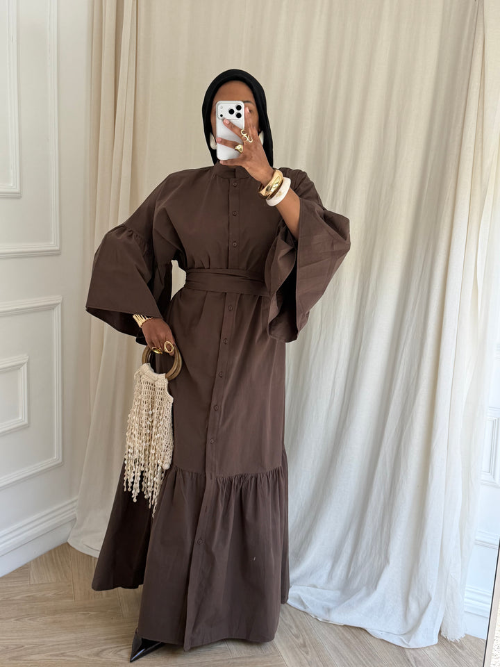 ROBE COTON À CEINTURE CHOCOLAT