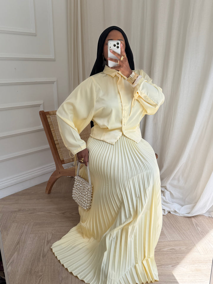 ENSEMBLE JUPE SATIN ET PLISSÉE JAUNE