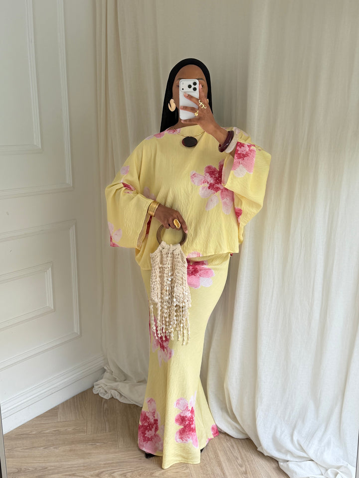 ENSEMBLE SUMMER JUPE FLEURS JAUNE ET ROSE