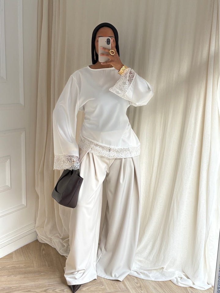 BLOUSE SATINÉE DENTELLE BLANC