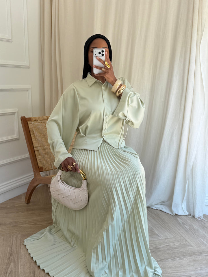 ENSEMBLE JUPE SATIN ET PLISSÉE VERT D’EAU