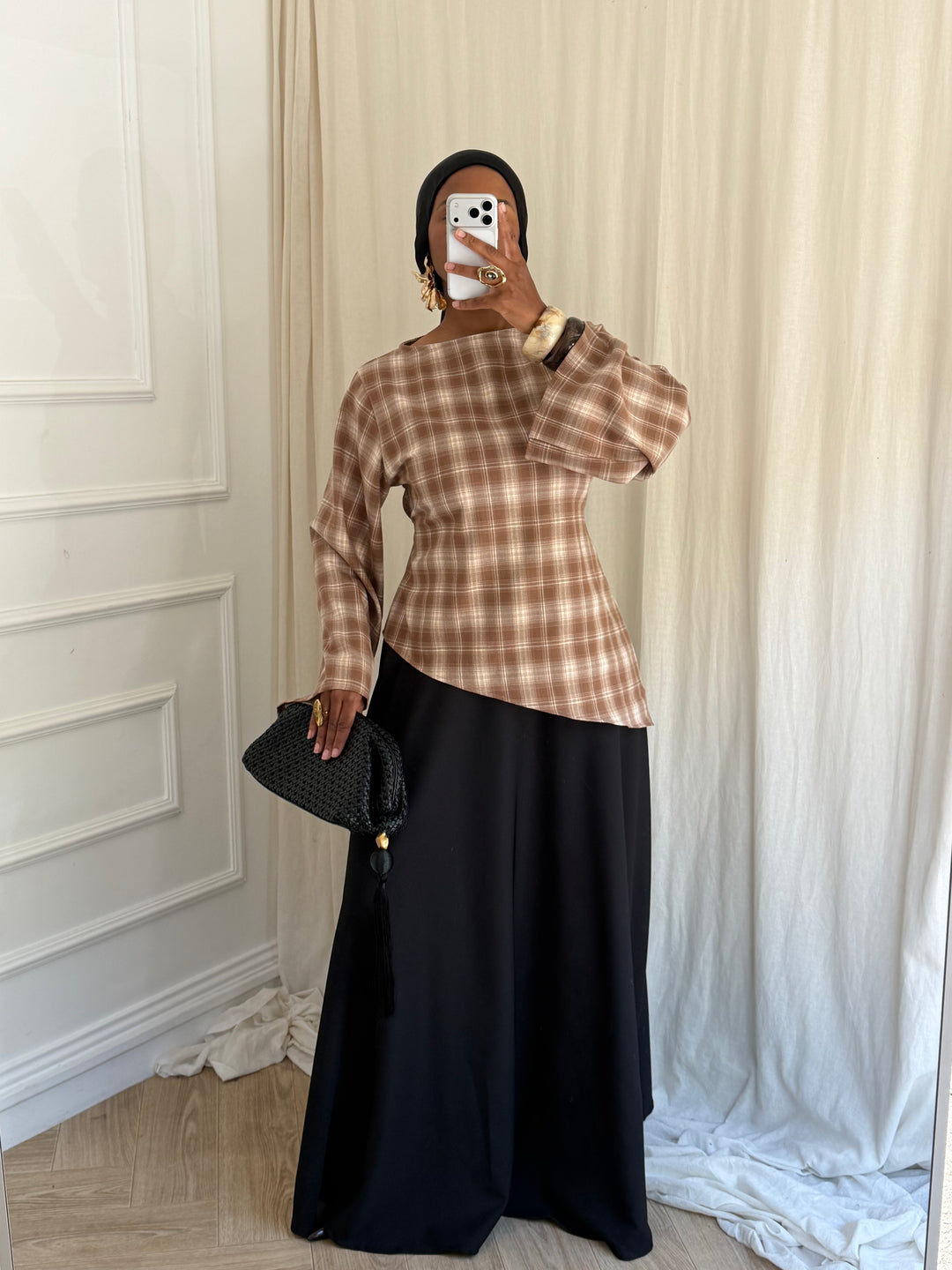 BLOUSE À CARREAU ASYMÉTRIQUE CAMEL