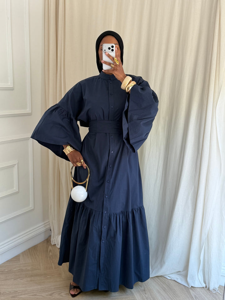 ROBE COTON À CEINTURE BLEU MARINE