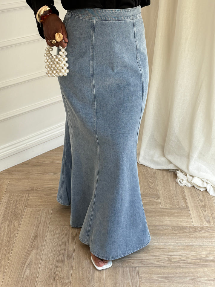 JUPE LONGUE SIRÈNE DENIM BLEU CLAIR