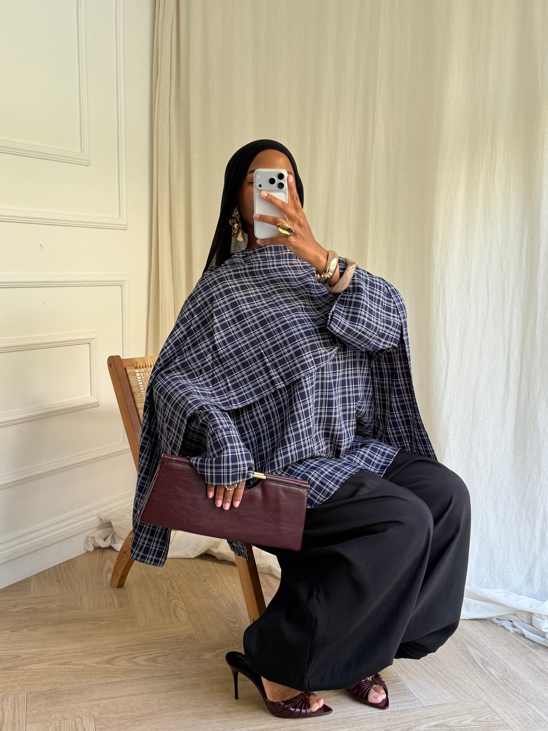 BLOUSE CARREAUX AVEC CAPE BLUE