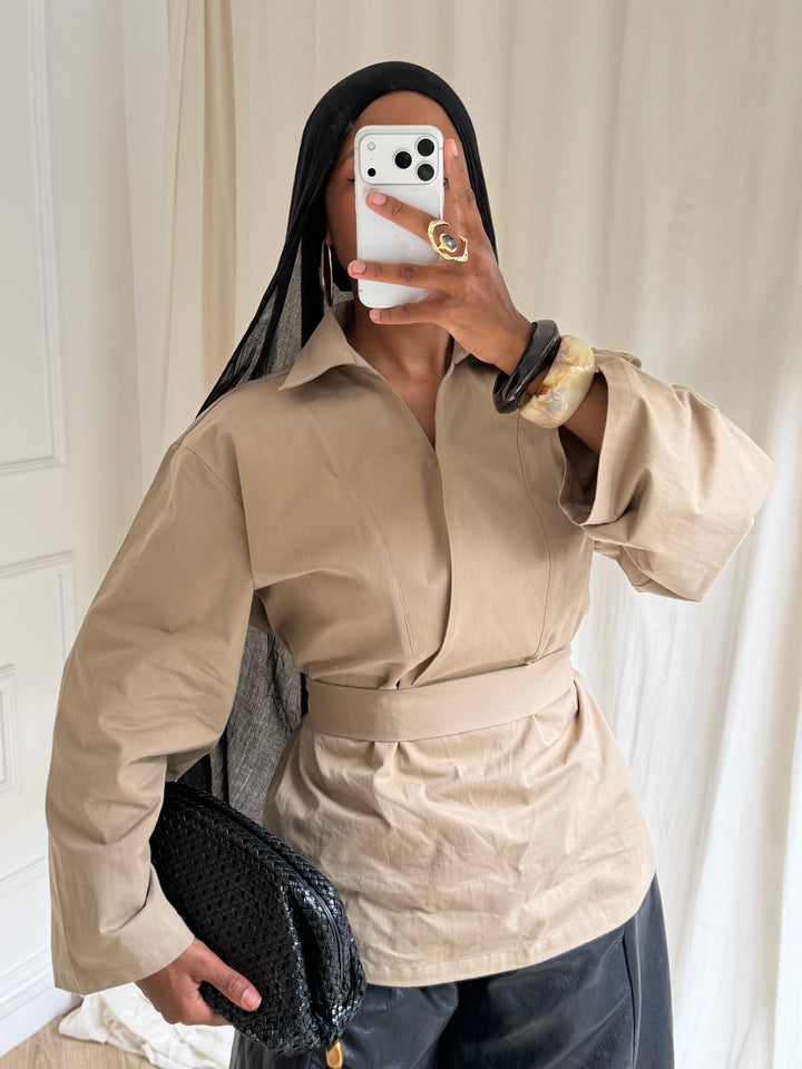 TOP OVERSIZE A CEINTURE COTON BEIGE SABLE