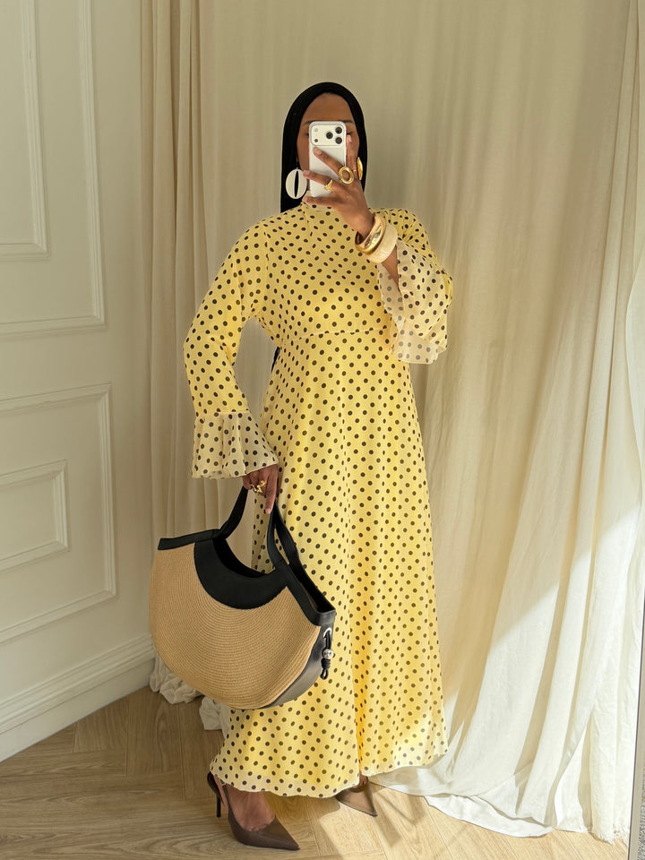 ROBE LONGUE À POIS JAUNE