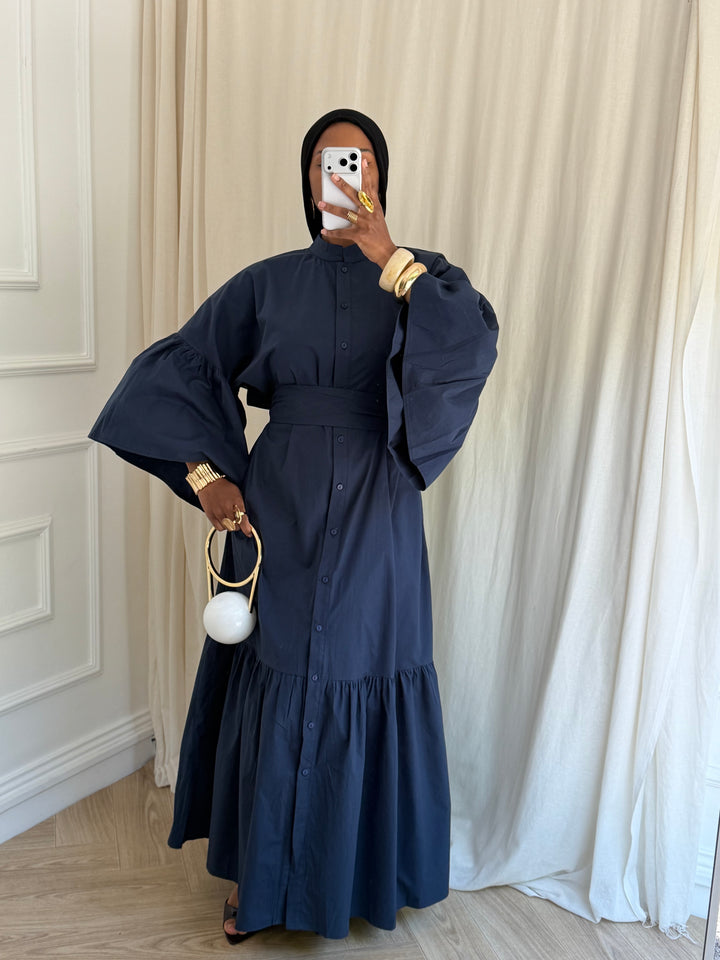 ROBE COTON À CEINTURE BLEU MARINE