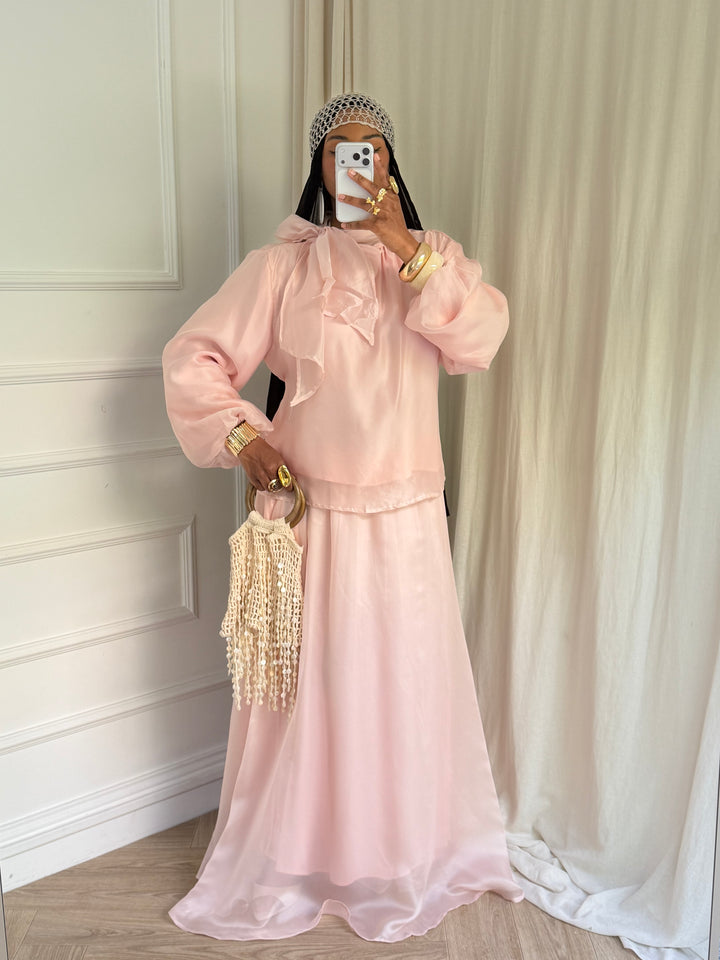ENSEMBLE BLOUSE ET JUPE ORGANZA ROSE