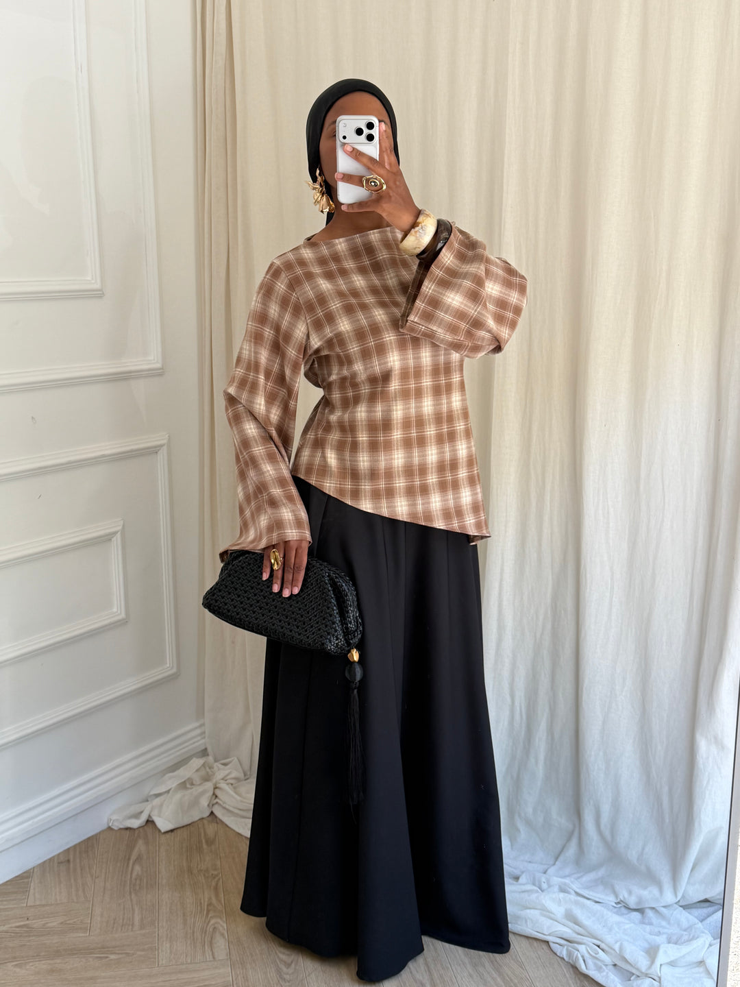 BLOUSE À CARREAU ASYMÉTRIQUE CAMEL